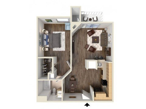 A 3D floor plan of a small apartment with a kitchen, living room, and bathroom.